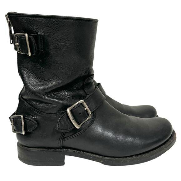 Frye Women’s Black Boots Moto Engineer Buckles Biker Calf Leather Size 7.5 - Picture 1 of 11